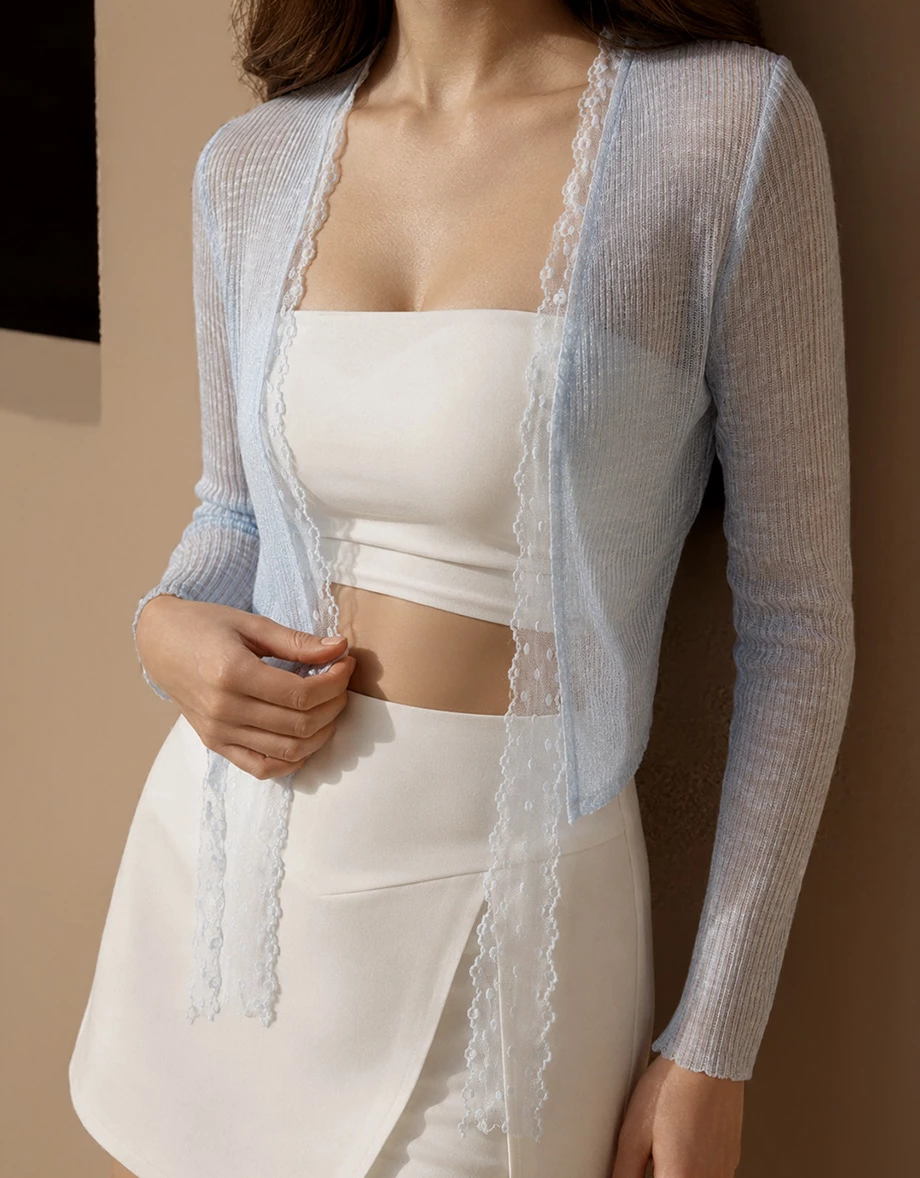 Lace Trim Tie Front Sheer Ribbed Knit Cardigan Lace Trim Tie Front Sheer Ribbed Knit Cardigan
