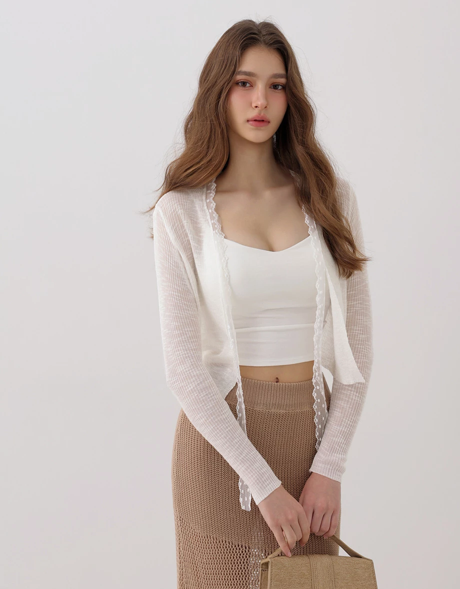Lace Trim Tie Front Sheer Ribbed Knit Cardigan Lace Trim Tie Front Sheer Ribbed Knit Cardigan
