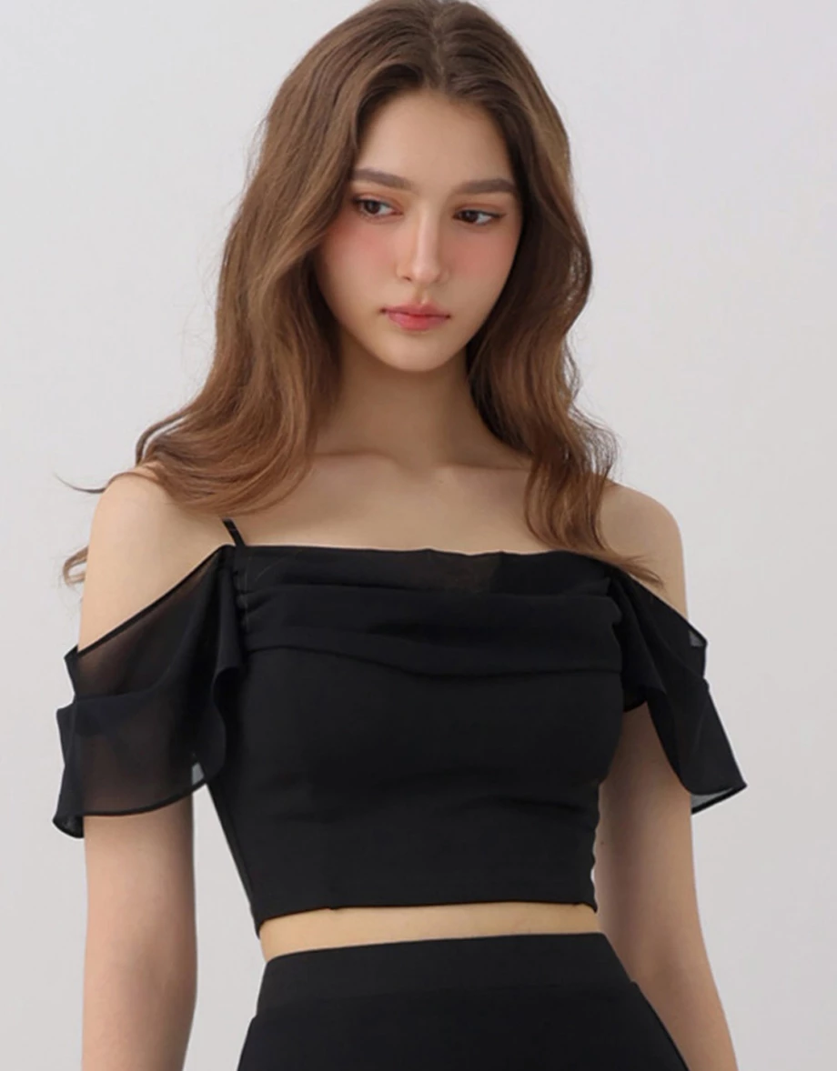 Spaghetti Strap Off Shoulder Chiffon Ruffle Sleeve Padded Bra Top Spaghetti Strap Off Shoulder Chiffon Ruffle Sleeve Padded Bra Top