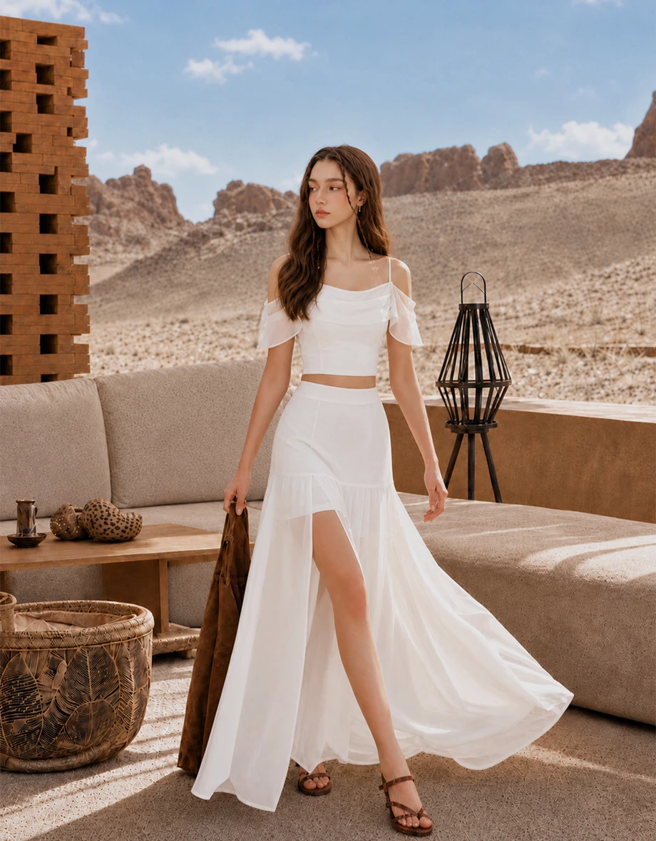 Spaghetti Strap Off Shoulder Chiffon Ruffle Sleeve Padded Bra Top