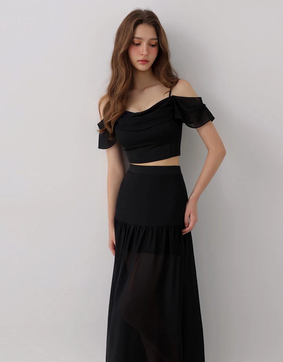 Spaghetti Strap Off Shoulder Chiffon Ruffle Sleeve Padded Bra Top