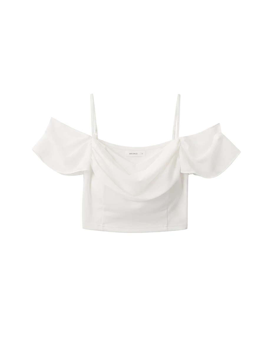 Spaghetti Strap Off Shoulder Chiffon Ruffle Sleeve Padded Bra Top
