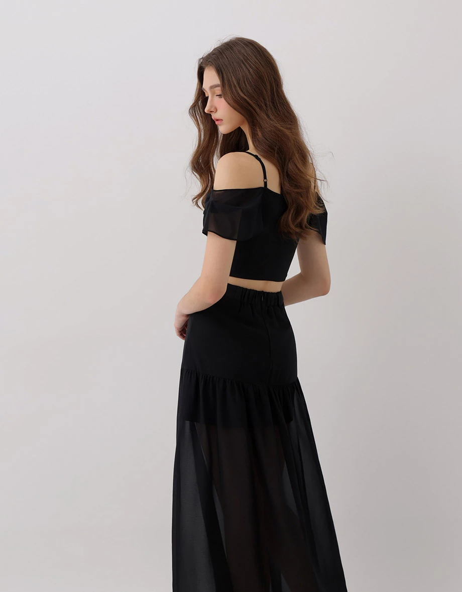 Spaghetti Strap Off Shoulder Chiffon Ruffle Sleeve Padded Bra Top