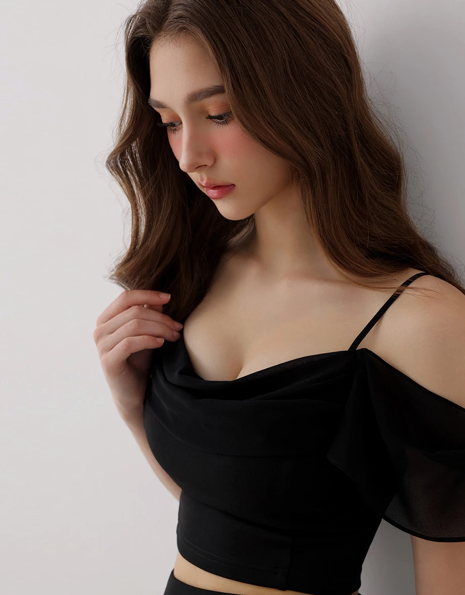Spaghetti Strap Off Shoulder Chiffon Ruffle Sleeve Padded Bra Top