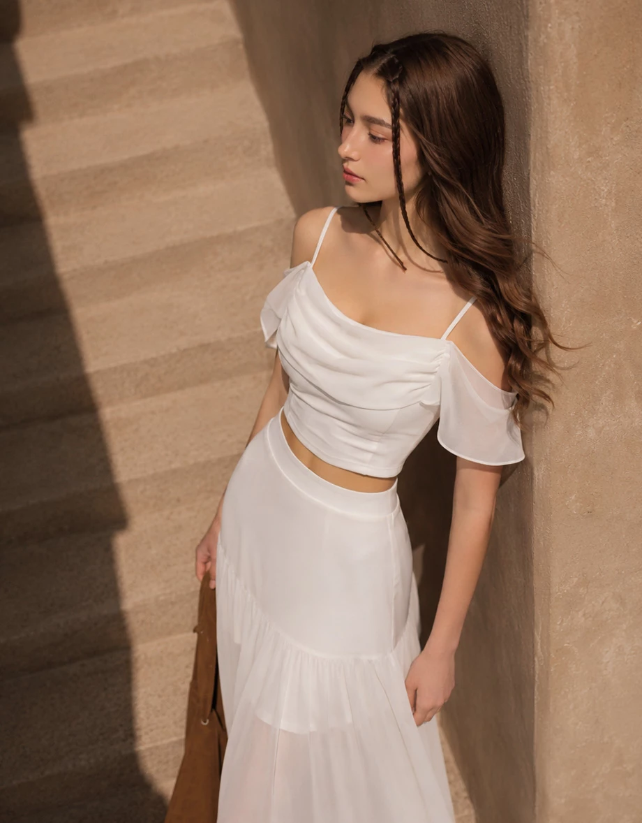 Spaghetti Strap Off Shoulder Chiffon Ruffle Sleeve Padded Bra Top