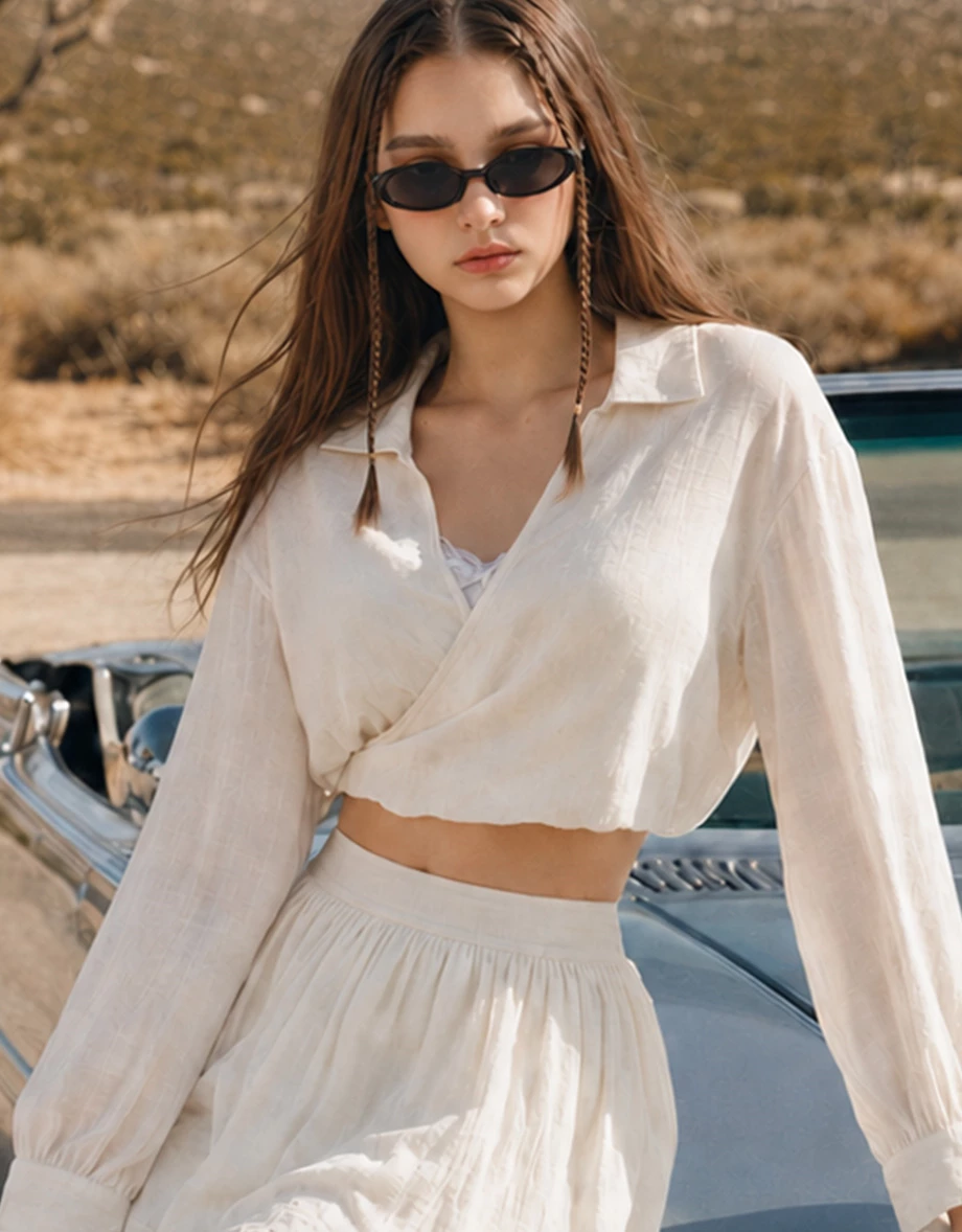 Lapel Collar Wrap Front Cropped Seersucker Shirt Blouse