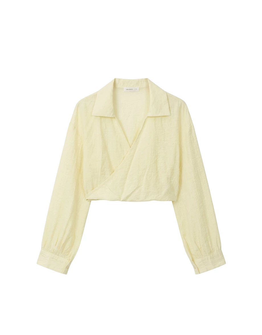 Lapel Collar Wrap Front Cropped Seersucker Shirt Blouse