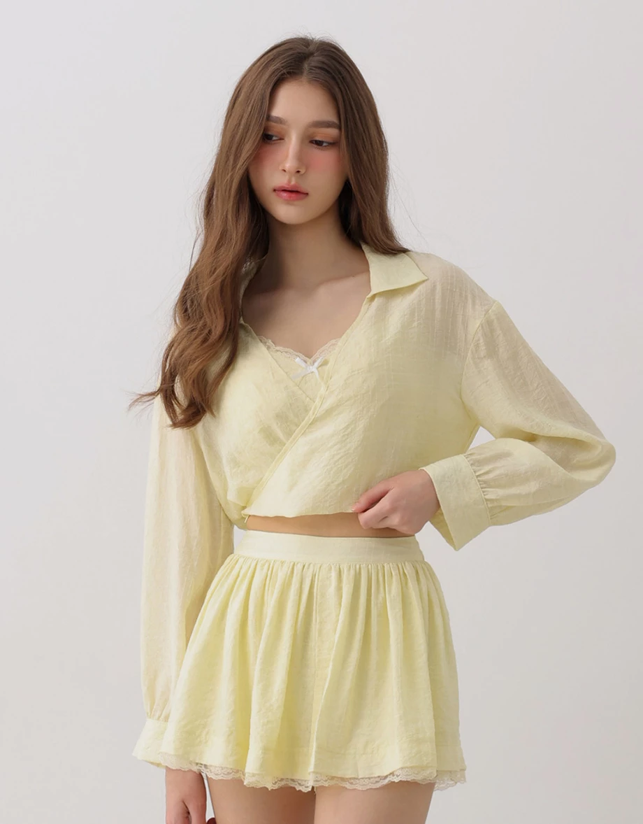 Lapel Collar Wrap Front Cropped Seersucker Shirt Blouse