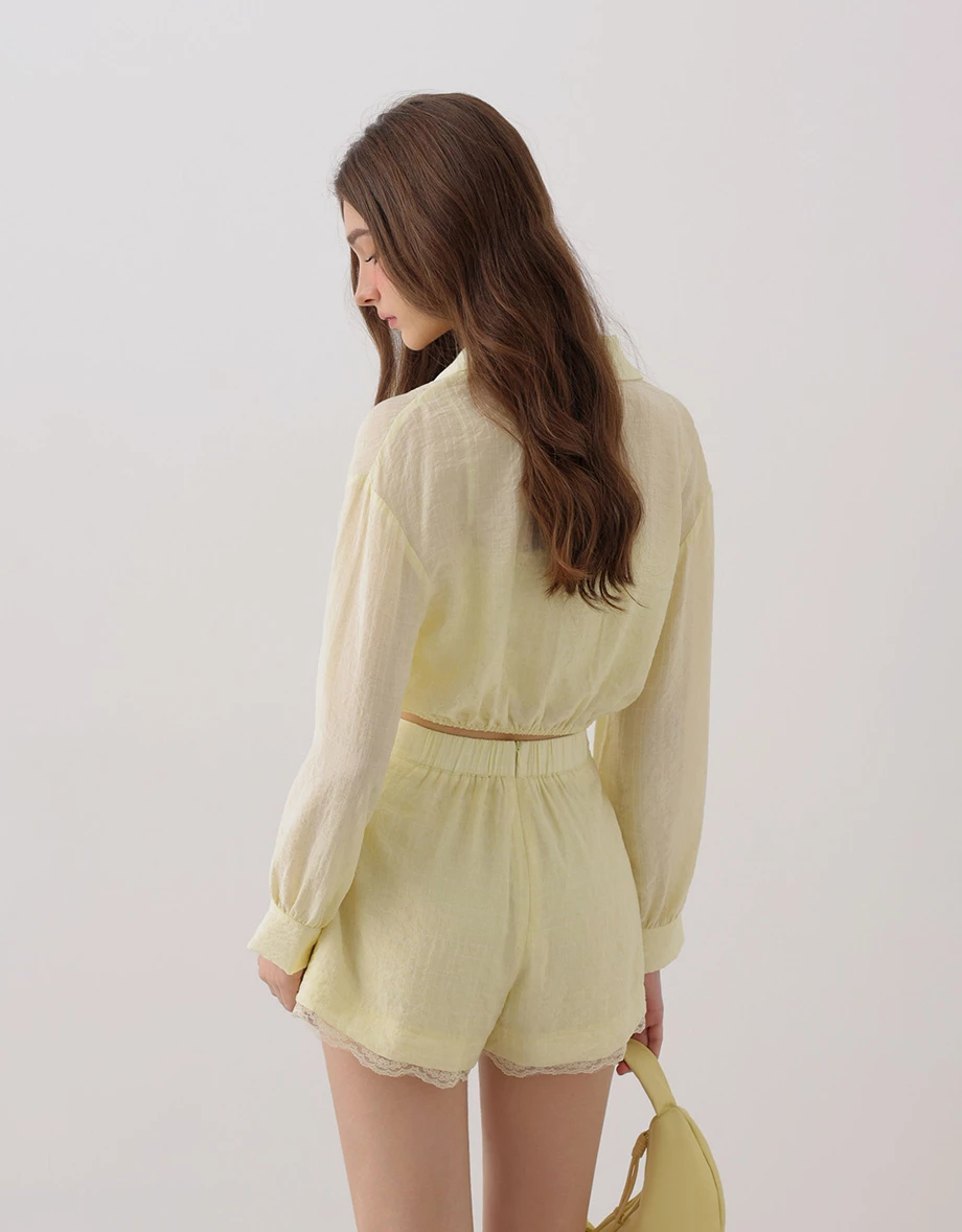 Lapel Collar Wrap Front Cropped Seersucker Shirt Blouse