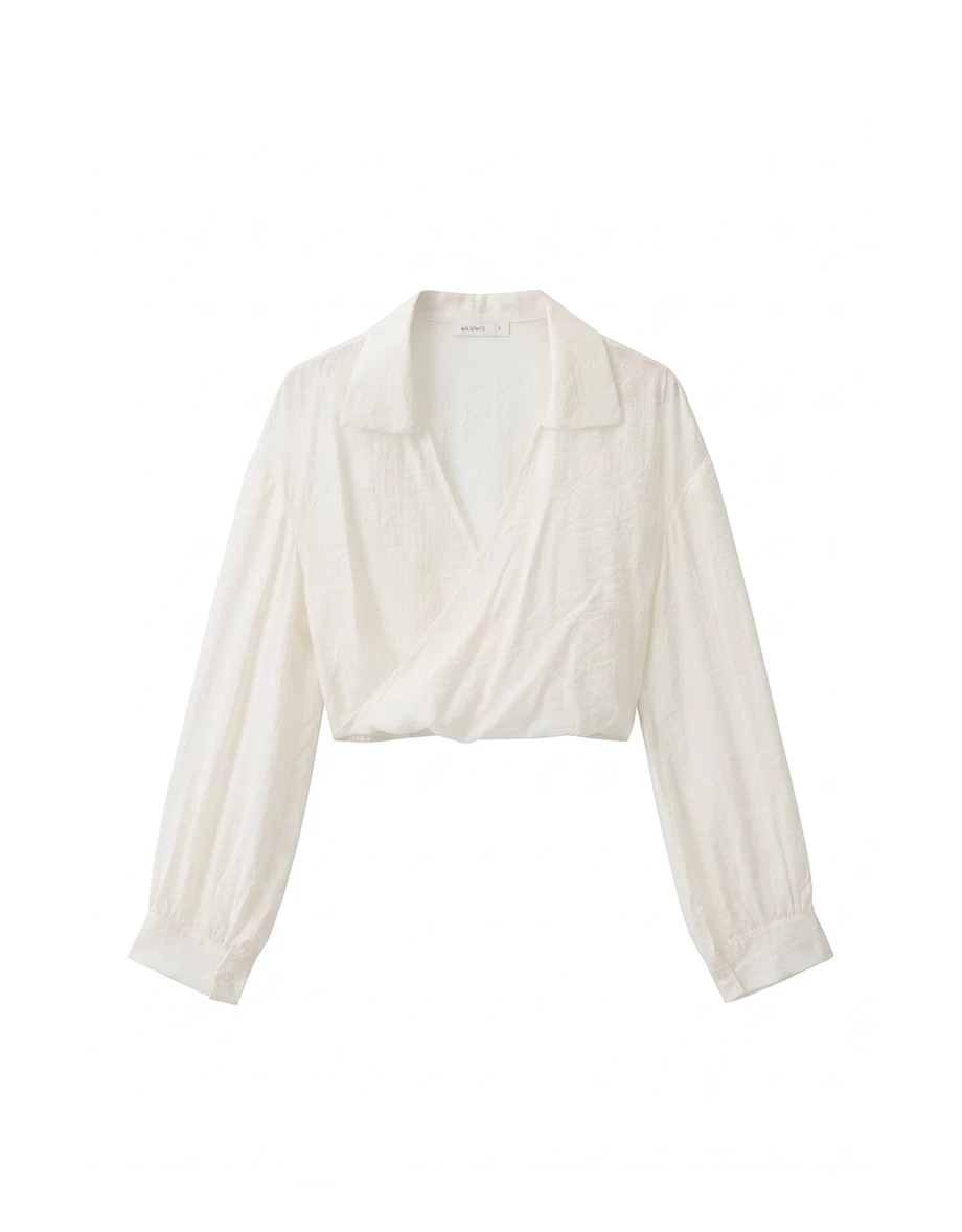 Lapel Collar Wrap Front Cropped Seersucker Shirt Blouse