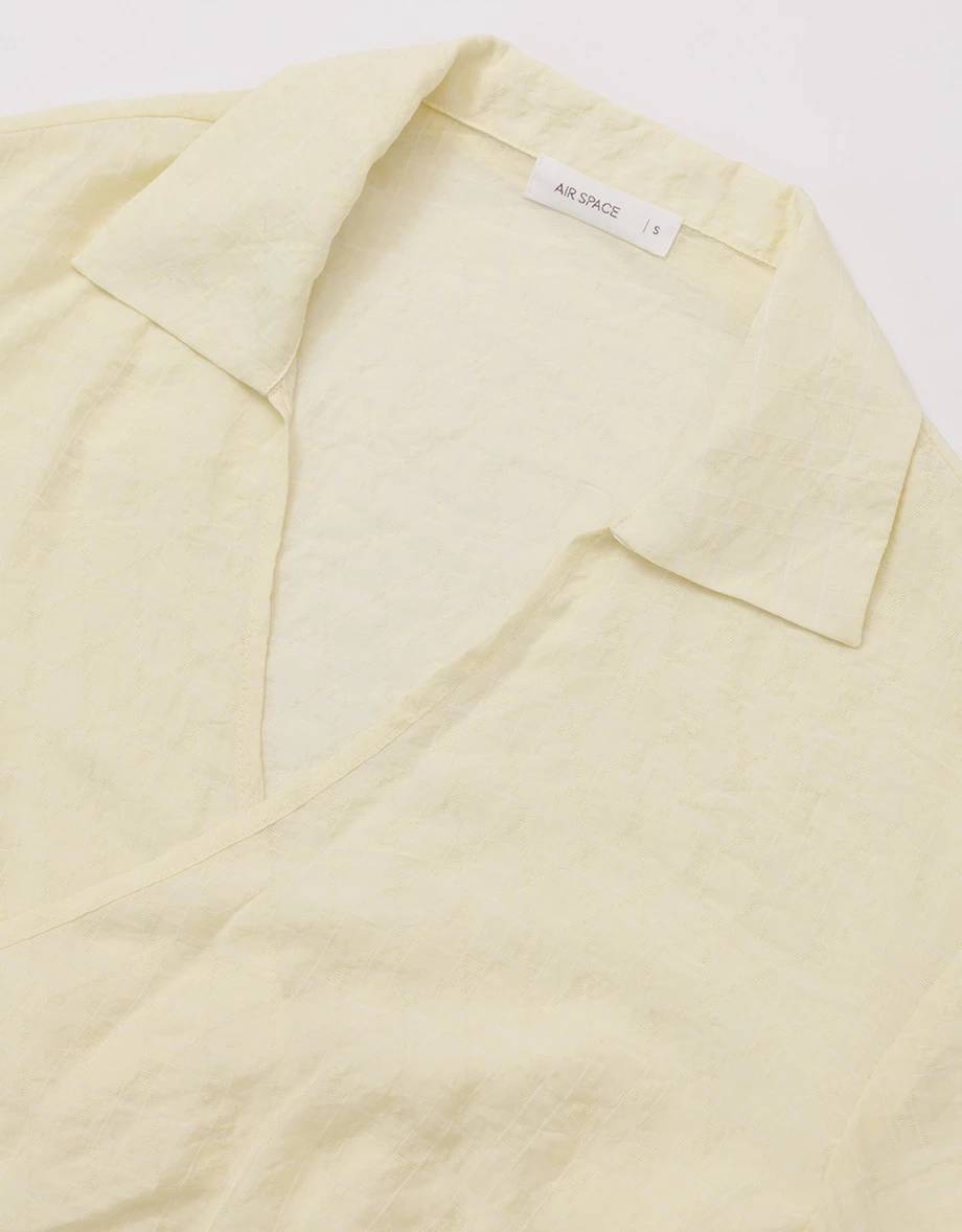 Lapel Collar Wrap Front Cropped Seersucker Shirt Blouse