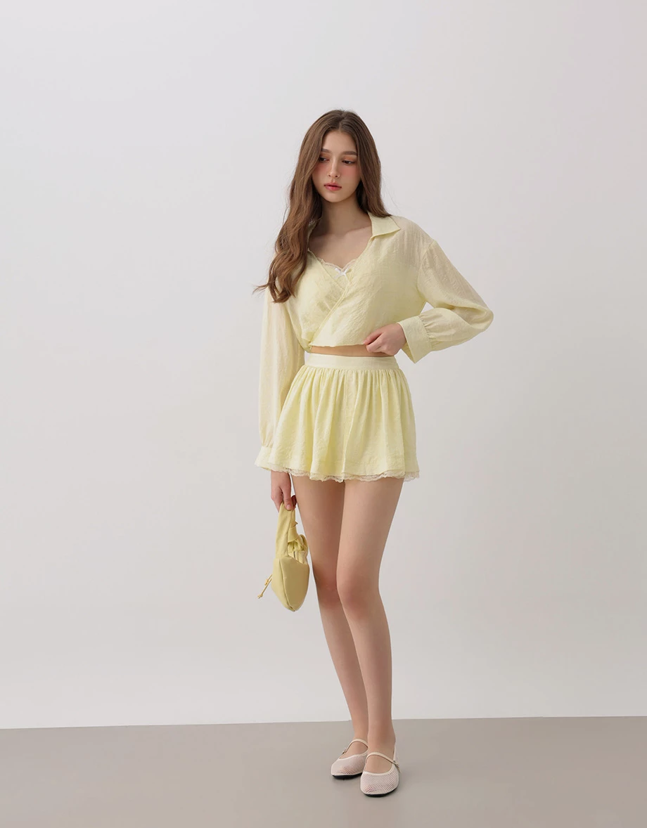Lapel Collar Wrap Front Cropped Seersucker Shirt Blouse