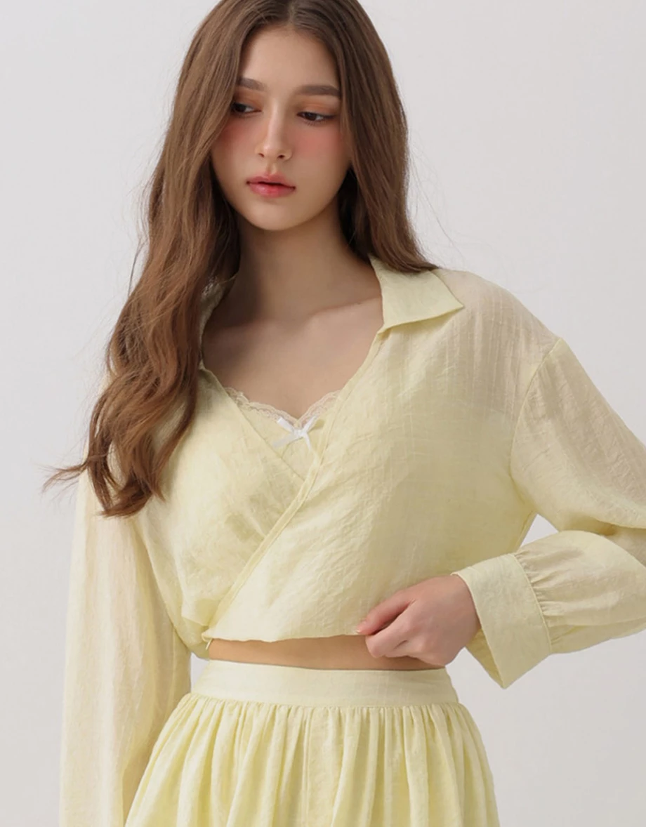 Lapel Collar Wrap Front Cropped Seersucker Shirt Blouse