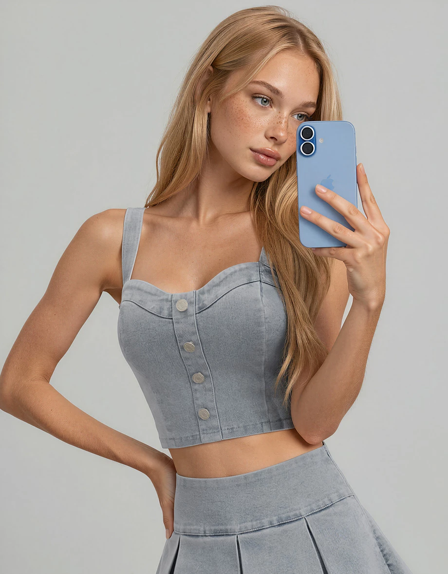 AIRY HOURGLASS Wide Strap Button Front Denim Padded Corset Bra Top AIRY HOURGLASS Wide Strap Button Front Denim Padded Corset Bra Top