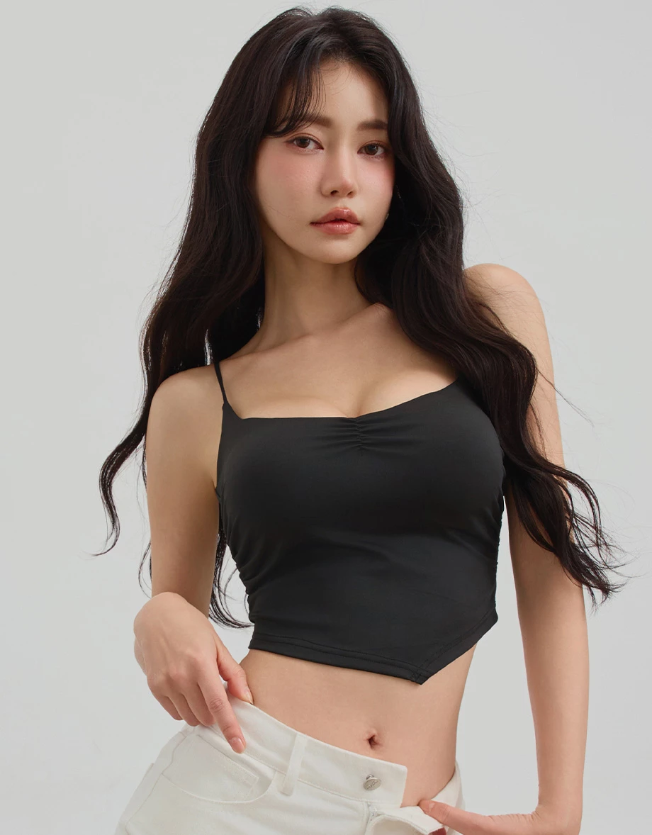 【AIRY COOL】Asymmetric Hem V Neck Spaghetti Strap Ruched Padded Cami Bra Top
