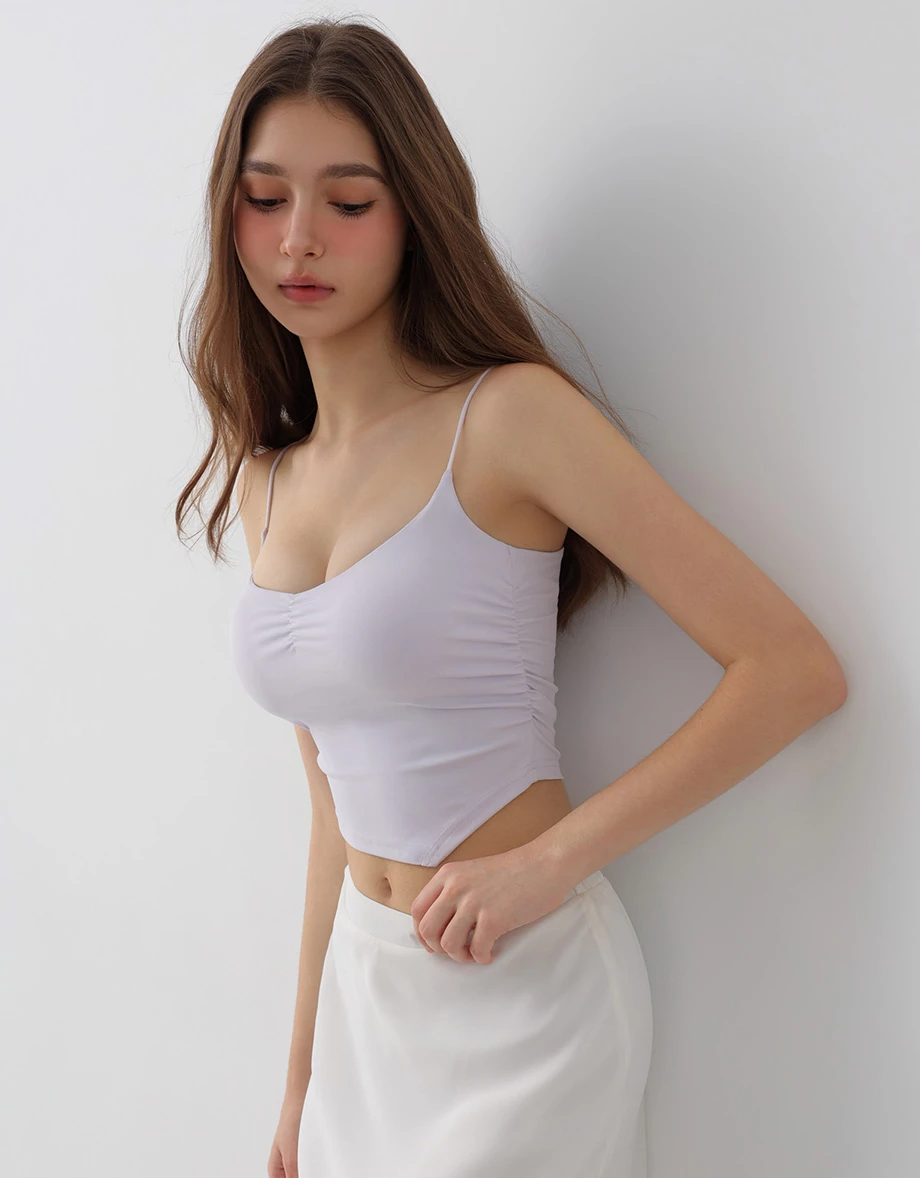 【AIRY COOL】Asymmetric Hem V Neck Spaghetti Strap Ruched Padded Cami Bra Top