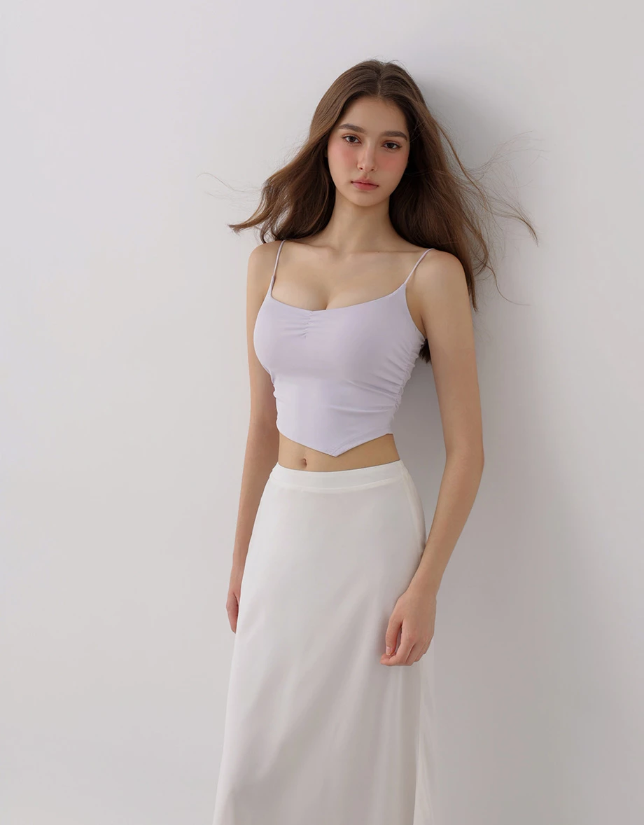 【AIRY COOL】Asymmetric Hem V Neck Spaghetti Strap Ruched Padded Cami Bra Top