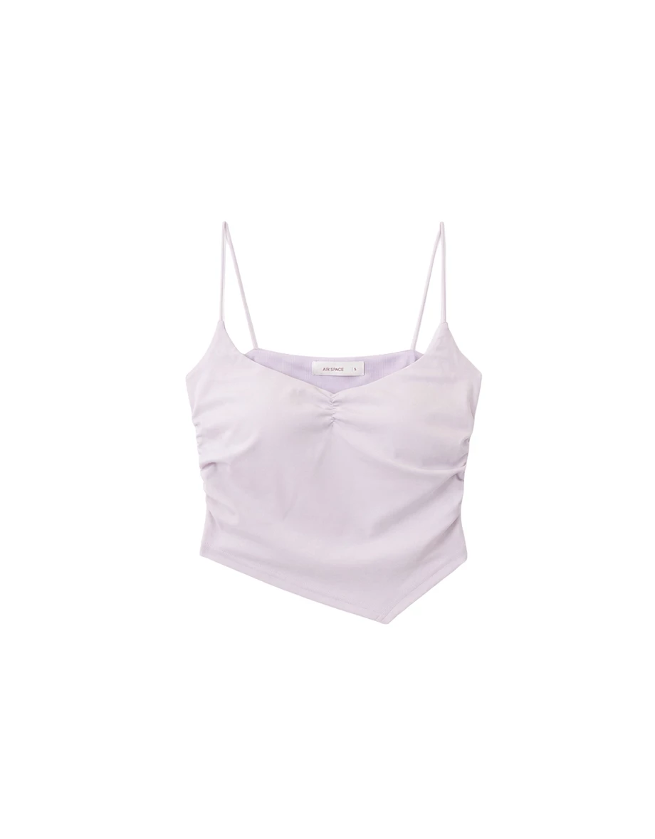 【AIRY COOL】Asymmetric Hem V Neck Spaghetti Strap Ruched Padded Cami Bra Top