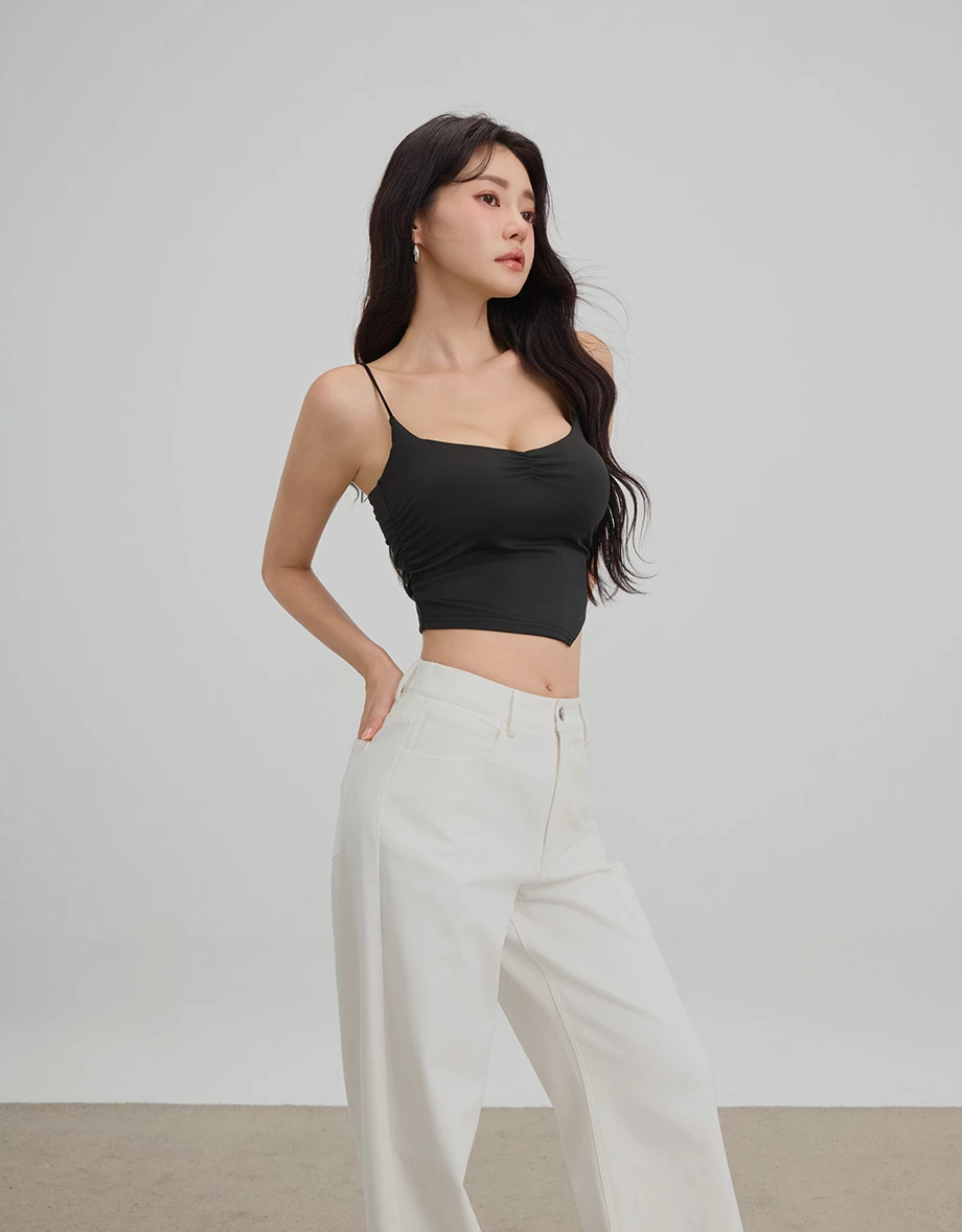【AIRY COOL】Asymmetric Hem V Neck Spaghetti Strap Ruched Padded Cami Bra Top