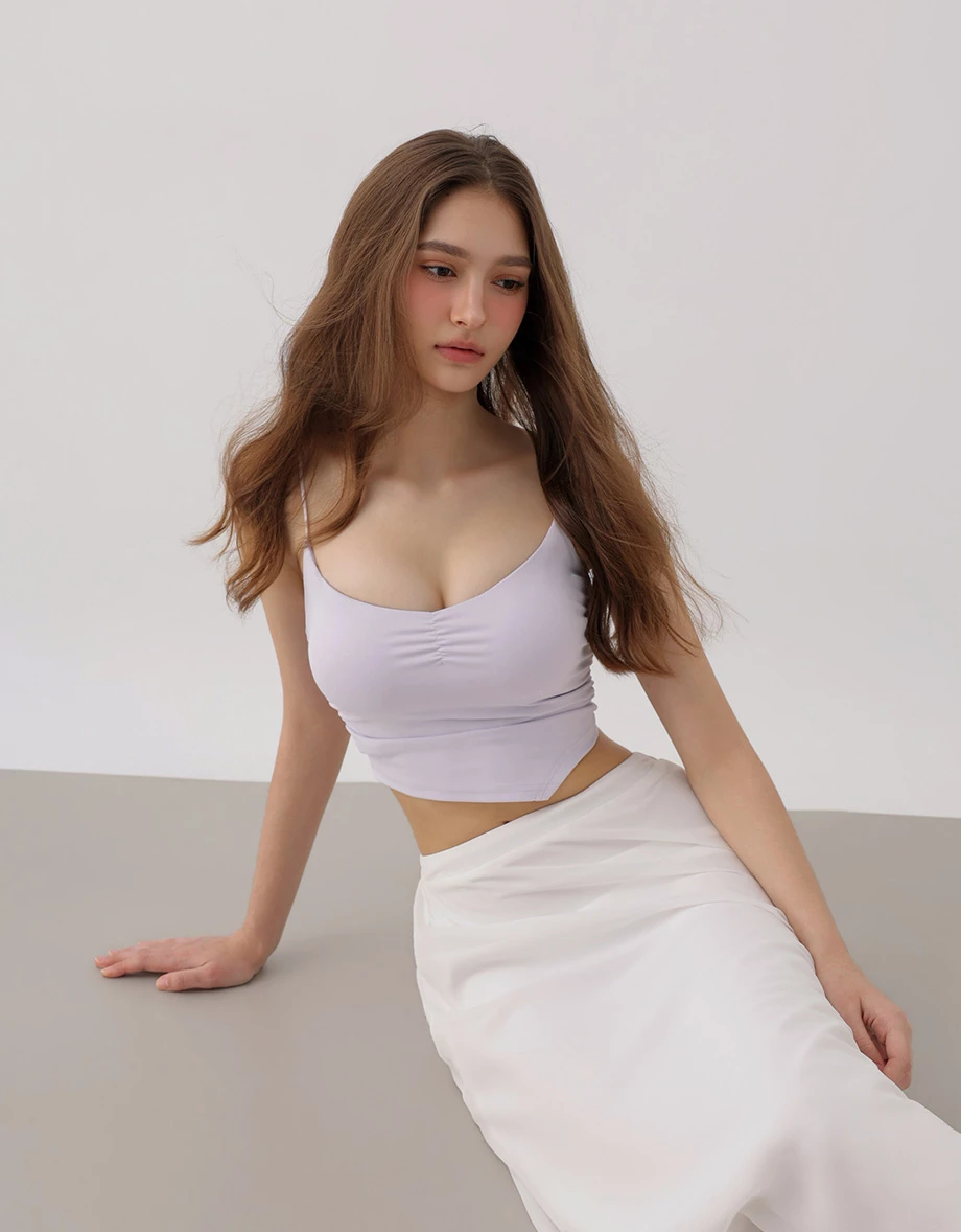 【AIRY COOL】Asymmetric Hem V Neck Spaghetti Strap Ruched Padded Cami Bra Top