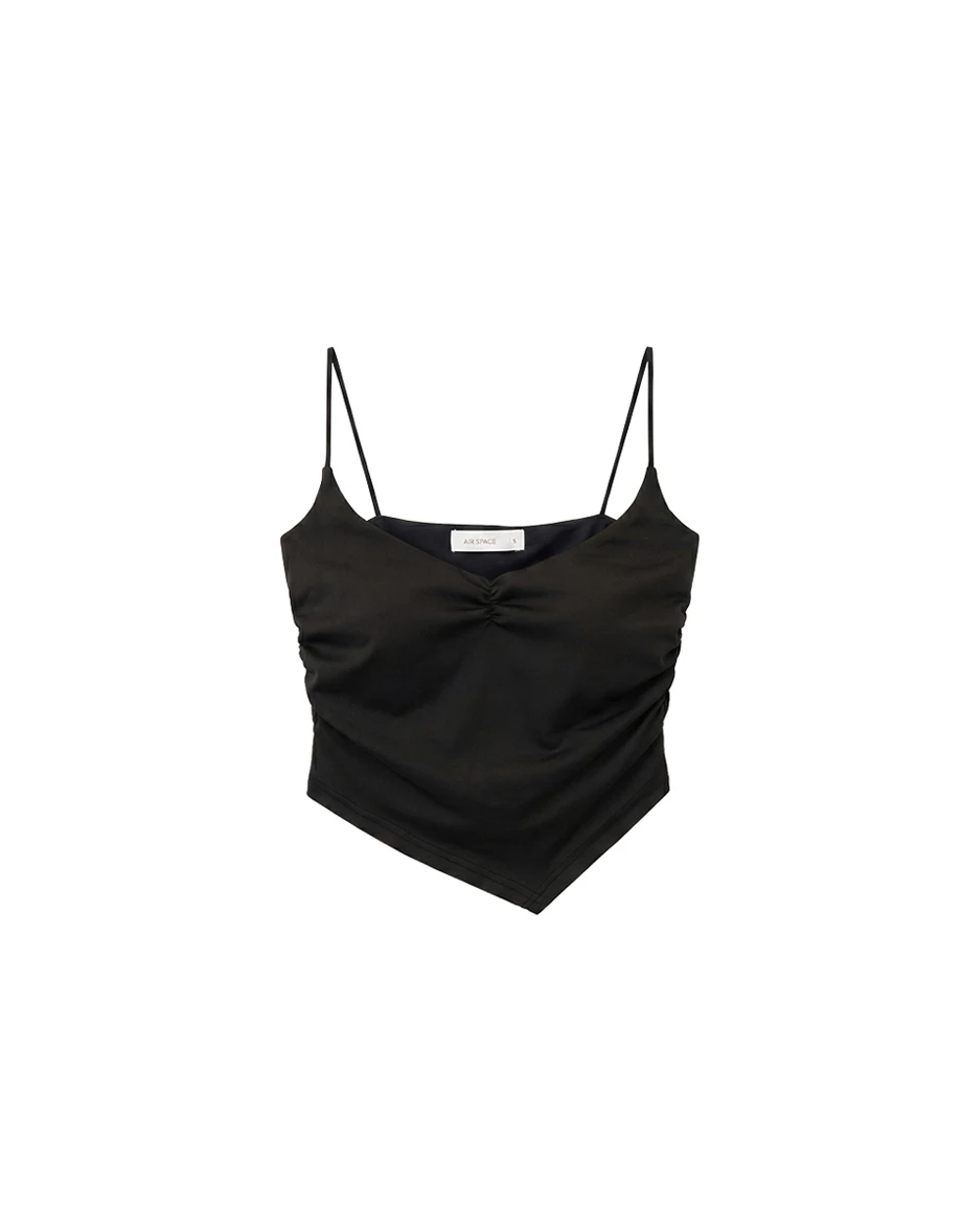 【AIRY COOL】Asymmetric Hem V Neck Spaghetti Strap Ruched Padded Cami Bra Top
