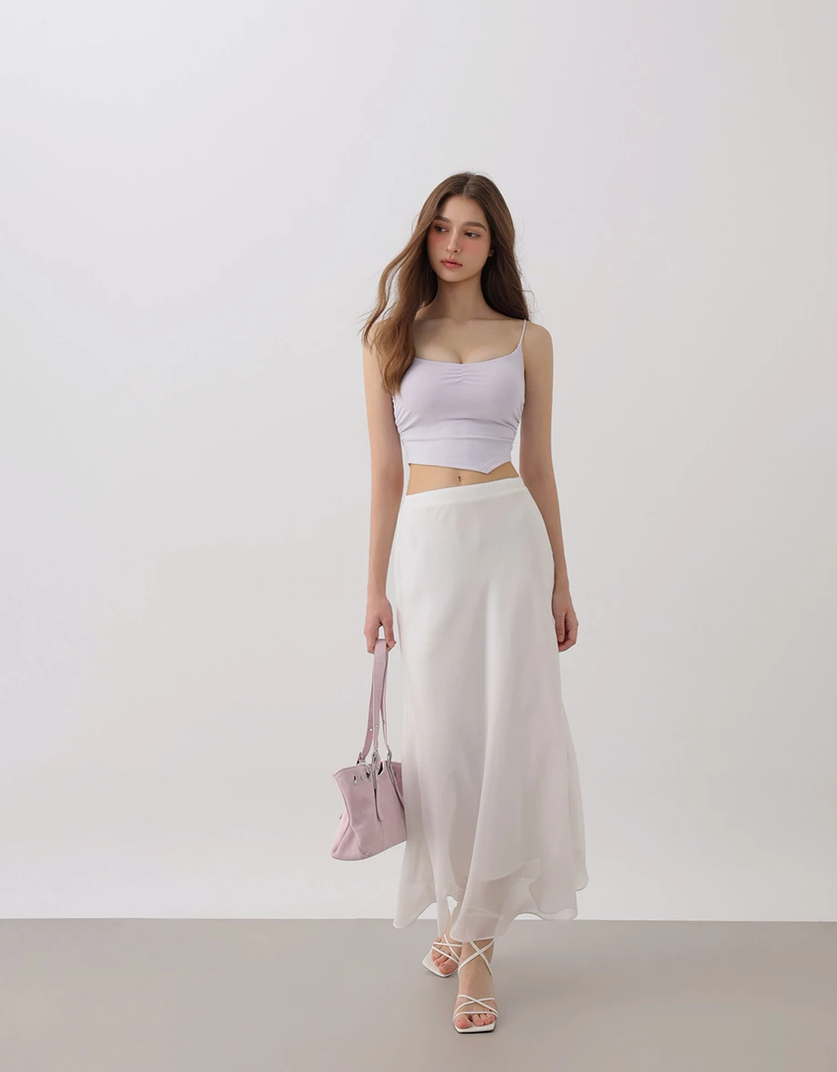 【AIRY COOL】Asymmetric Hem V Neck Spaghetti Strap Ruched Padded Cami Bra Top