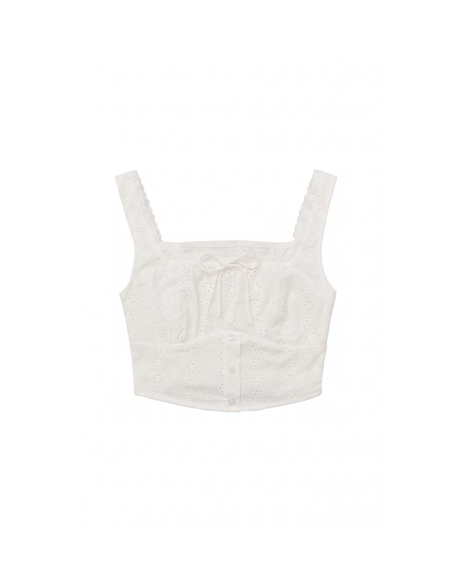 Square Neck Floral Lace Eyelet Embroidered Tie Front Crop Tank Top