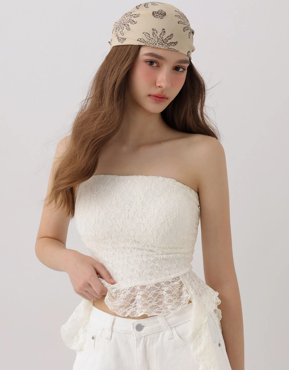Floral Lace Bandeau Ruched Side Cascading Ruffle Hem Padded Tube Top Floral Lace Bandeau Ruched Side Cascading Ruffle Hem Padded Tube Top