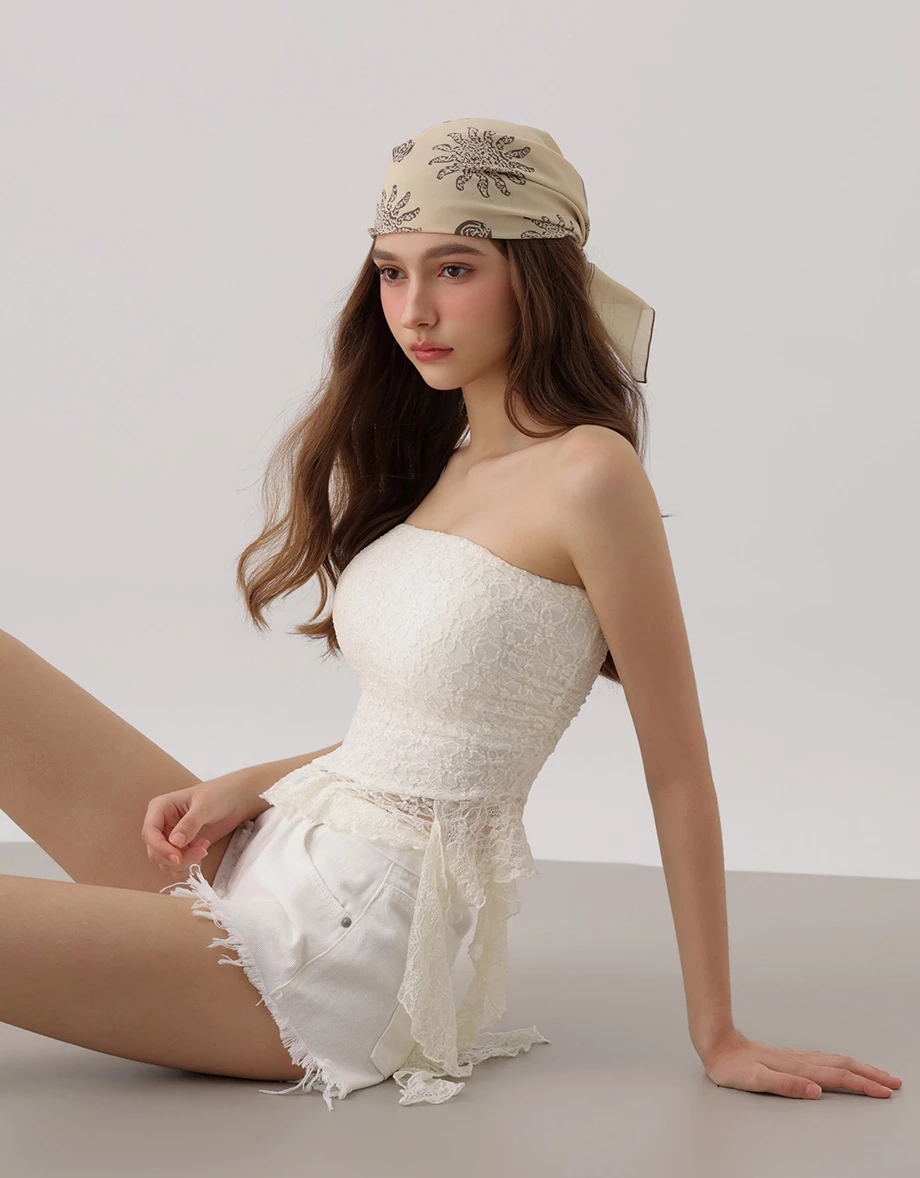 Floral Lace Bandeau Ruched Side Cascading Ruffle Hem Padded Tube Top Floral Lace Bandeau Ruched Side Cascading Ruffle Hem Padded Tube Top