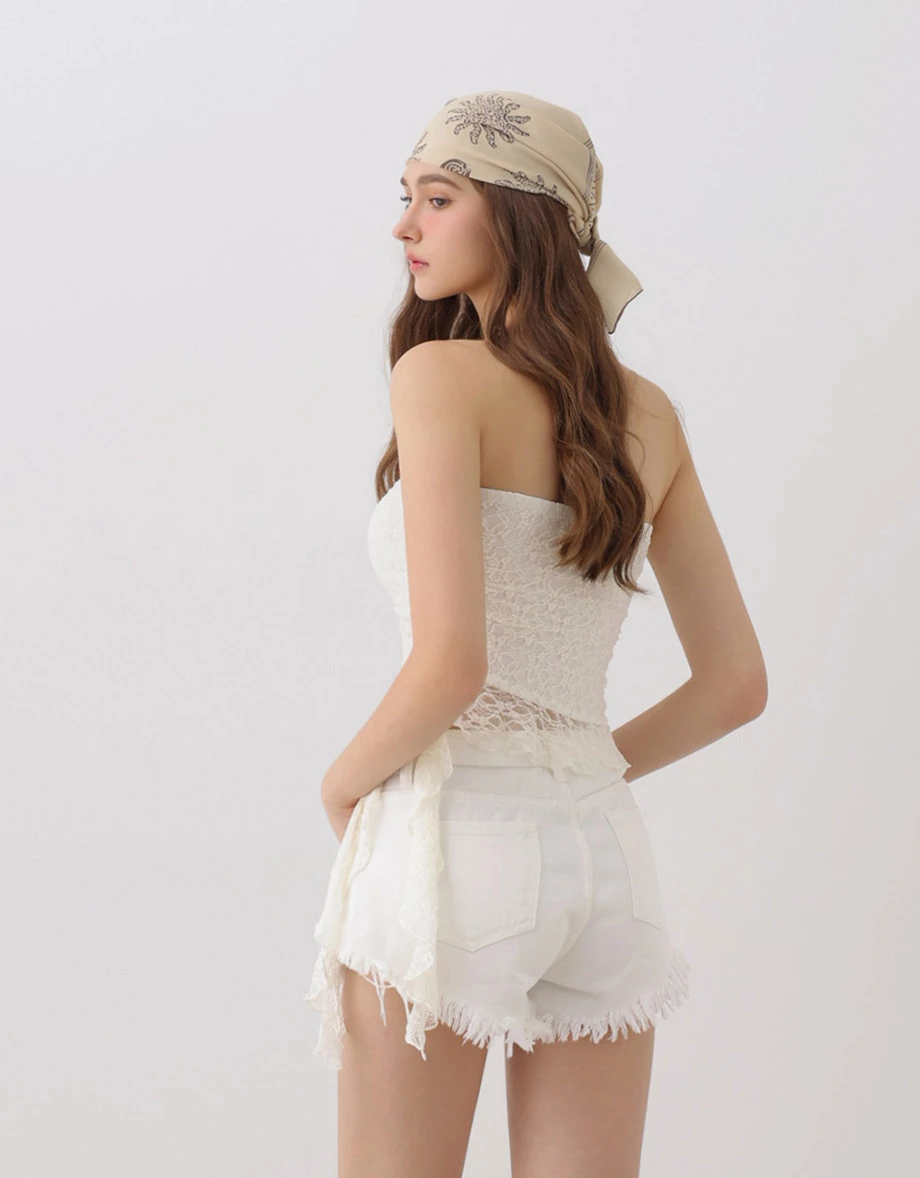 Floral Lace Bandeau Ruched Side Cascading Ruffle Hem Padded Tube Top Floral Lace Bandeau Ruched Side Cascading Ruffle Hem Padded Tube Top