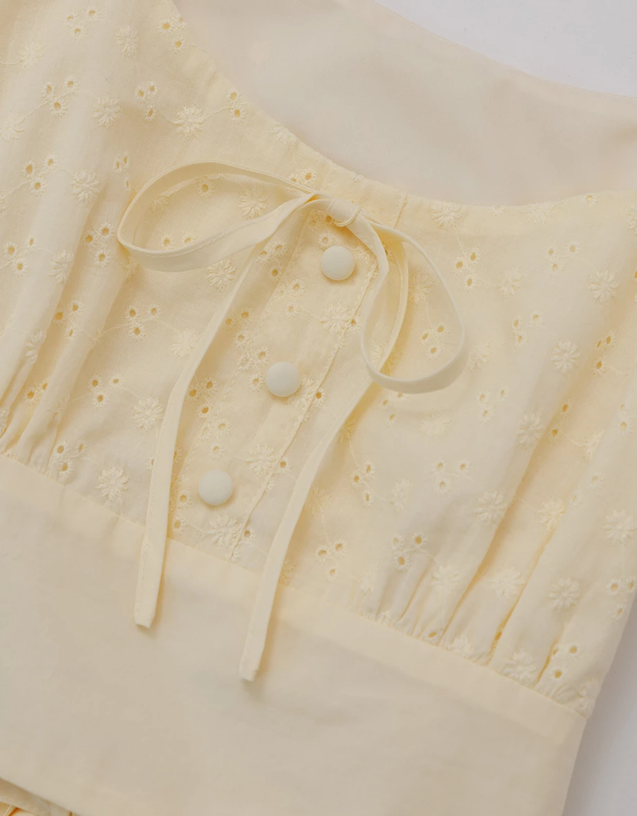 Eyelet Lace Embroidered Puff Sleeve Tie Back Crop Top Eyelet Lace Embroidered Puff Sleeve Tie Back Crop Top