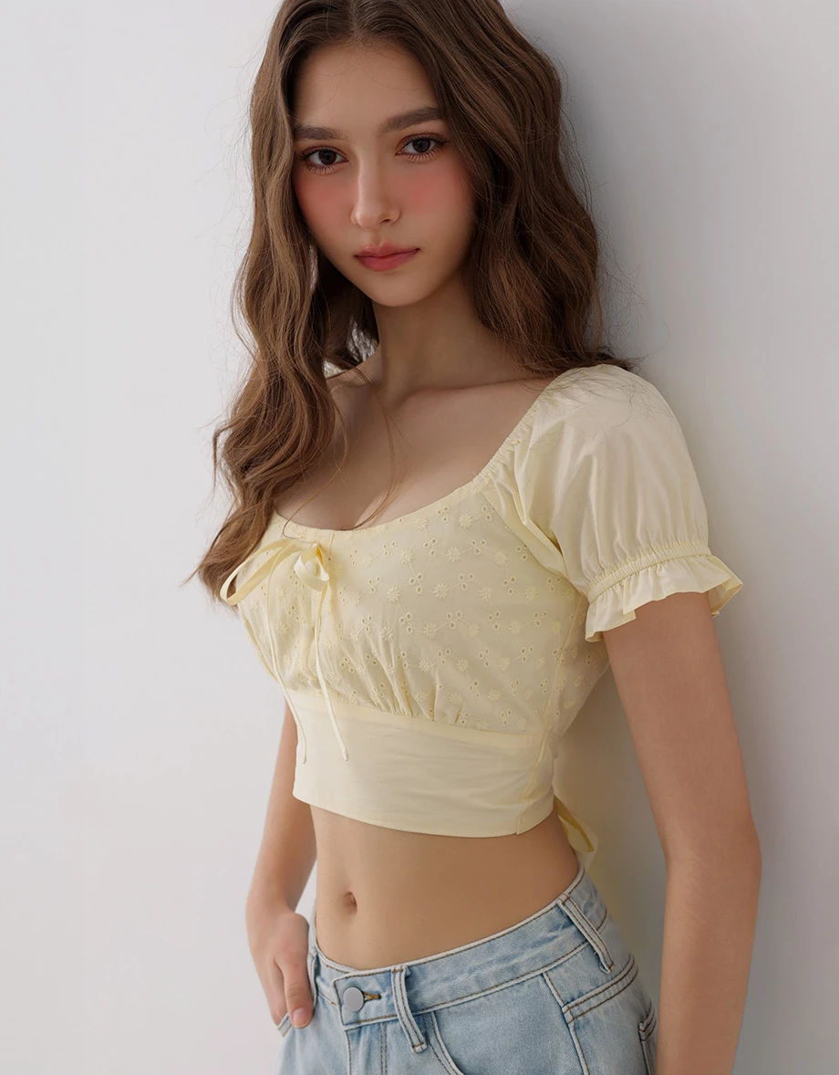 Eyelet Lace Embroidered Puff Sleeve Tie Back Crop Top Eyelet Lace Embroidered Puff Sleeve Tie Back Crop Top