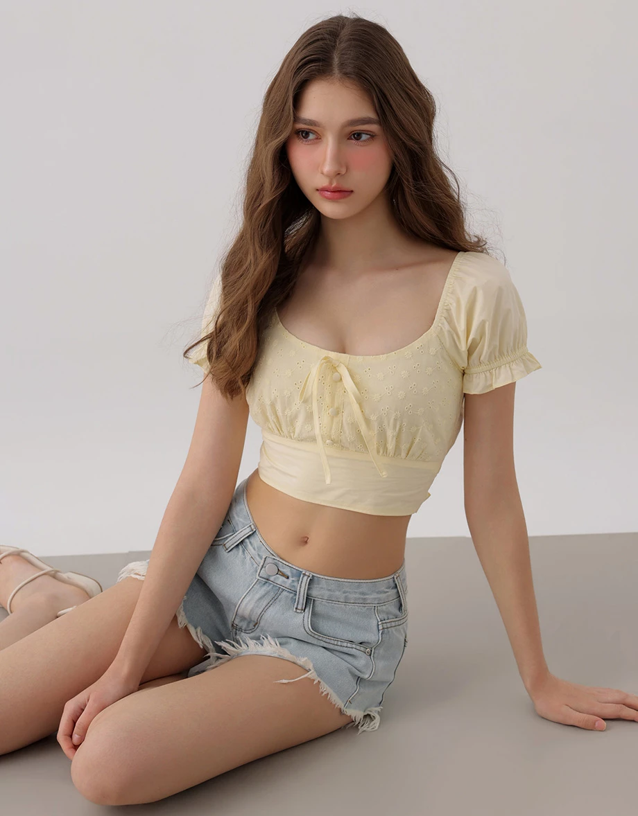Eyelet Lace Embroidered Puff Sleeve Tie Back Crop Top Eyelet Lace Embroidered Puff Sleeve Tie Back Crop Top