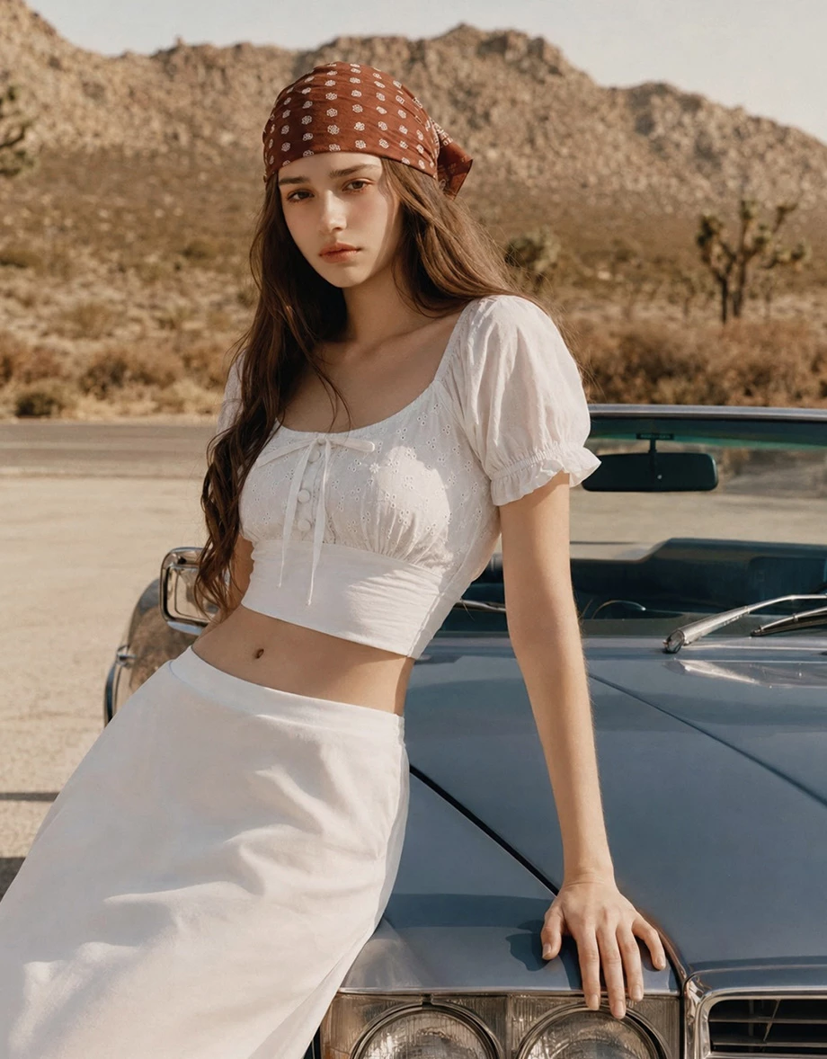Eyelet Lace Embroidered Puff Sleeve Tie Back Crop Top Eyelet Lace Embroidered Puff Sleeve Tie Back Crop Top