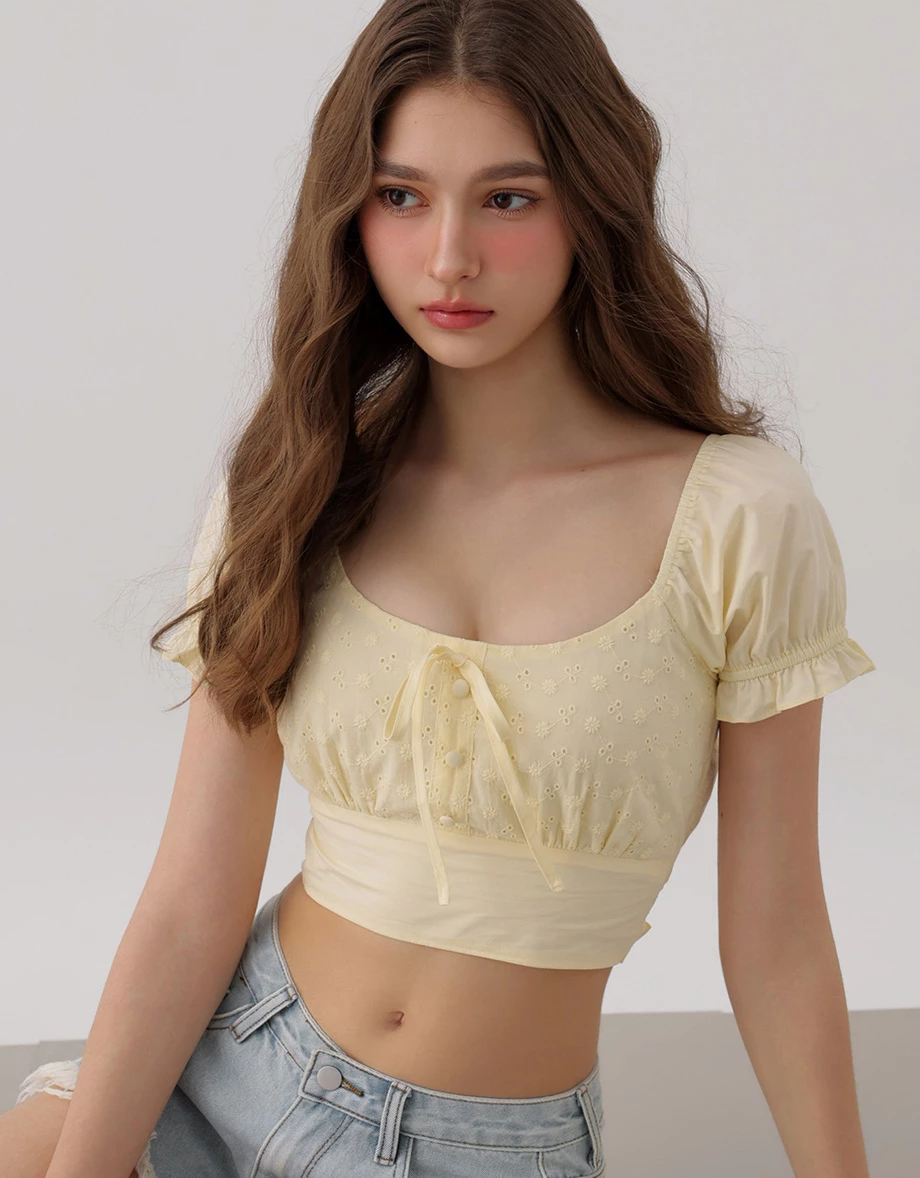 Eyelet Lace Embroidered Puff Sleeve Tie Back Crop Top