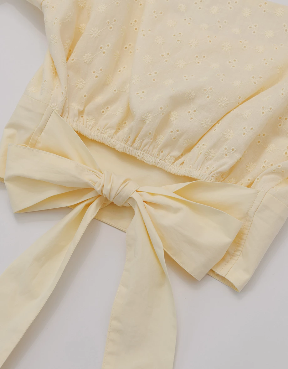 Eyelet Lace Embroidered Puff Sleeve Tie Back Crop Top Eyelet Lace Embroidered Puff Sleeve Tie Back Crop Top