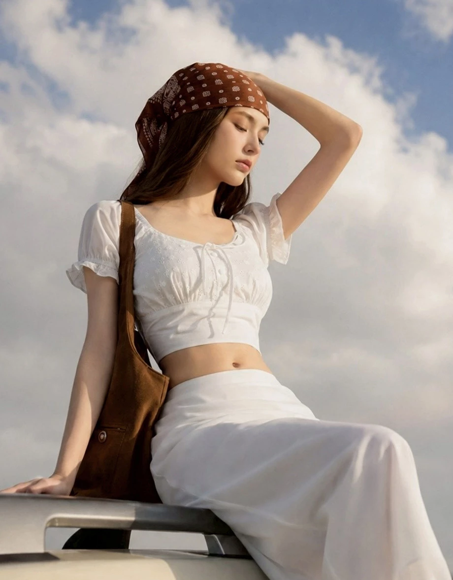 Eyelet Lace Embroidered Puff Sleeve Tie Back Crop Top Eyelet Lace Embroidered Puff Sleeve Tie Back Crop Top