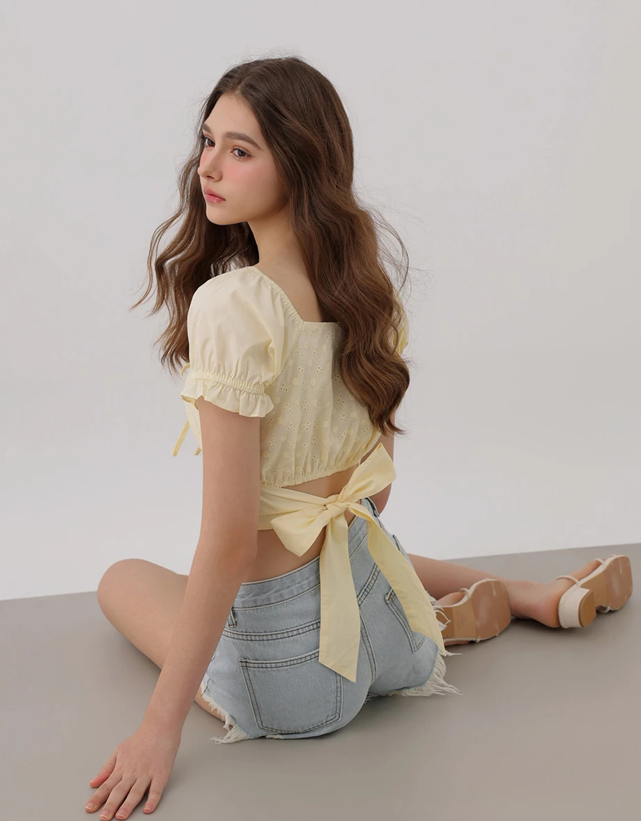 Eyelet Lace Embroidered Puff Sleeve Tie Back Crop Top Eyelet Lace Embroidered Puff Sleeve Tie Back Crop Top