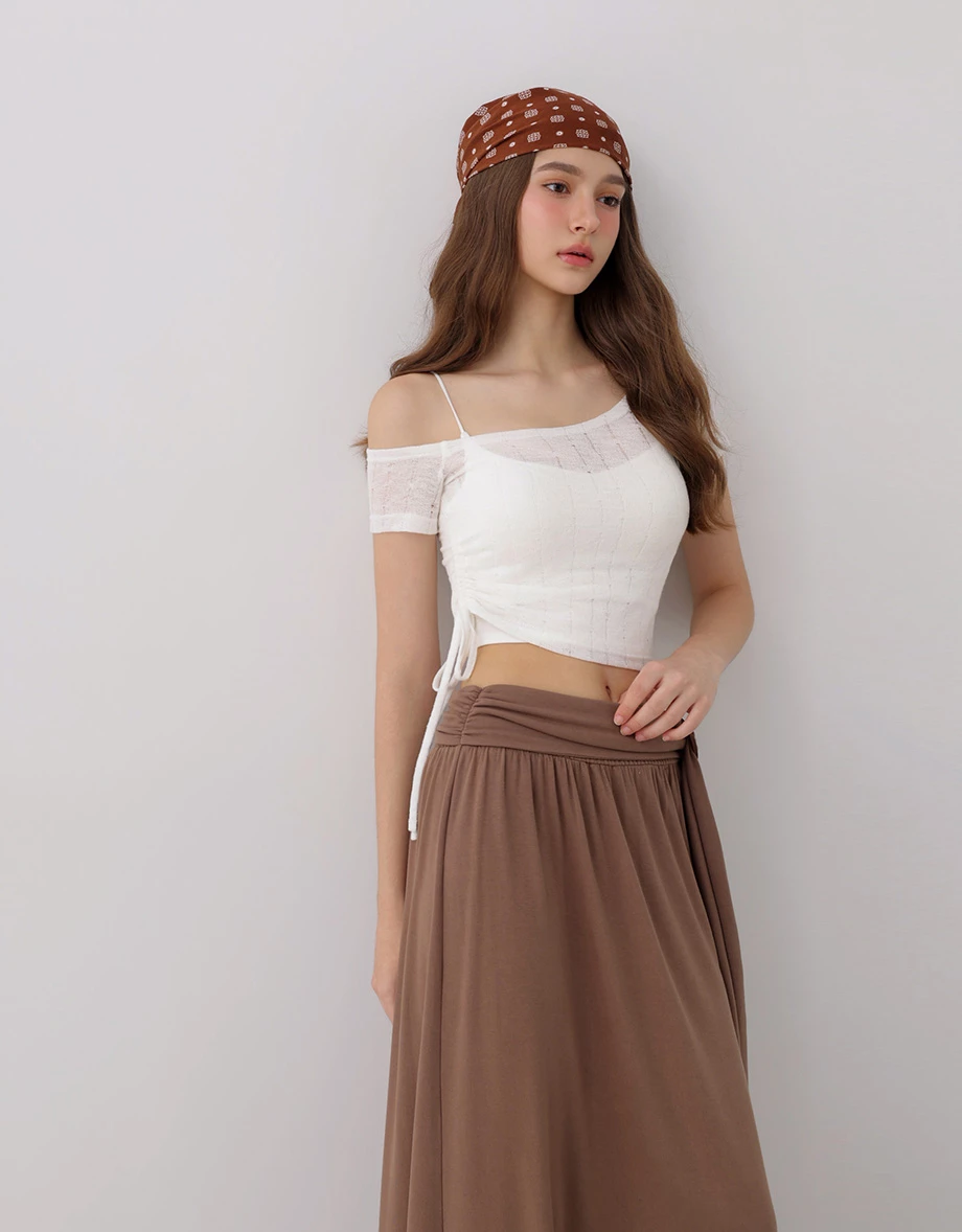 One Shoulder Side Drawstring Ruched Open Knit Crop Top One Shoulder Side Drawstring Ruched Open Knit Crop Top