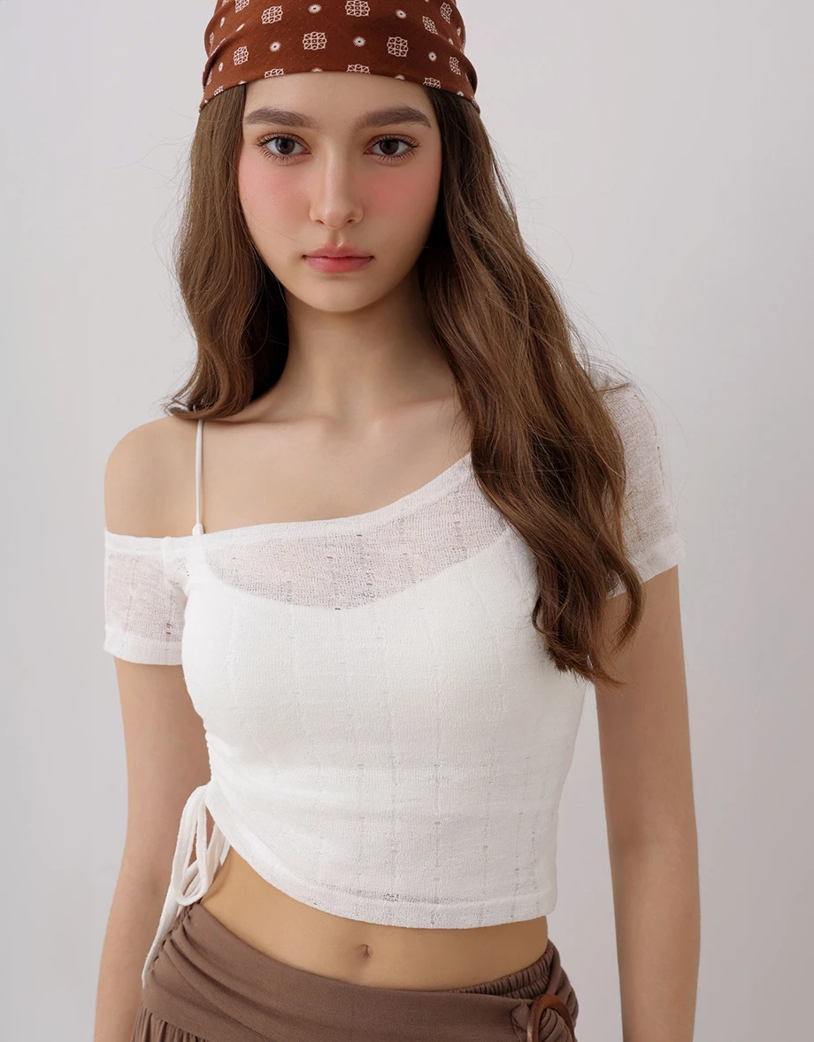One Shoulder Side Drawstring Ruched Open Knit Crop Top
