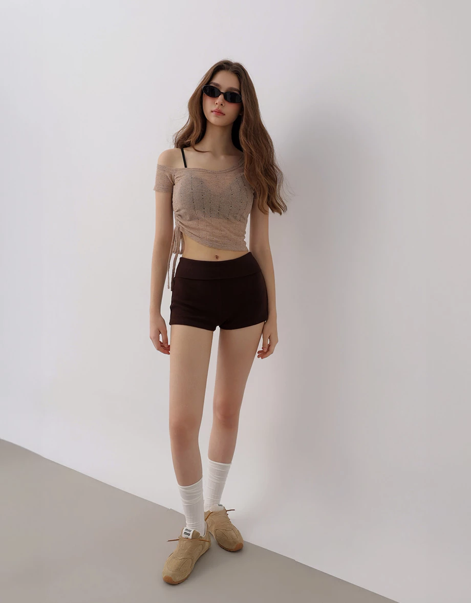 One Shoulder Side Drawstring Ruched Open Knit Crop Top One Shoulder Side Drawstring Ruched Open Knit Crop Top