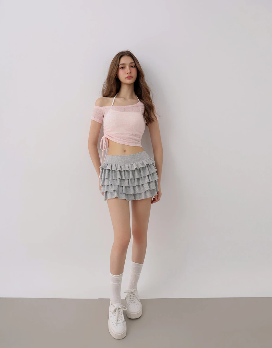 One Shoulder Side Drawstring Ruched Open Knit Crop Top One Shoulder Side Drawstring Ruched Open Knit Crop Top