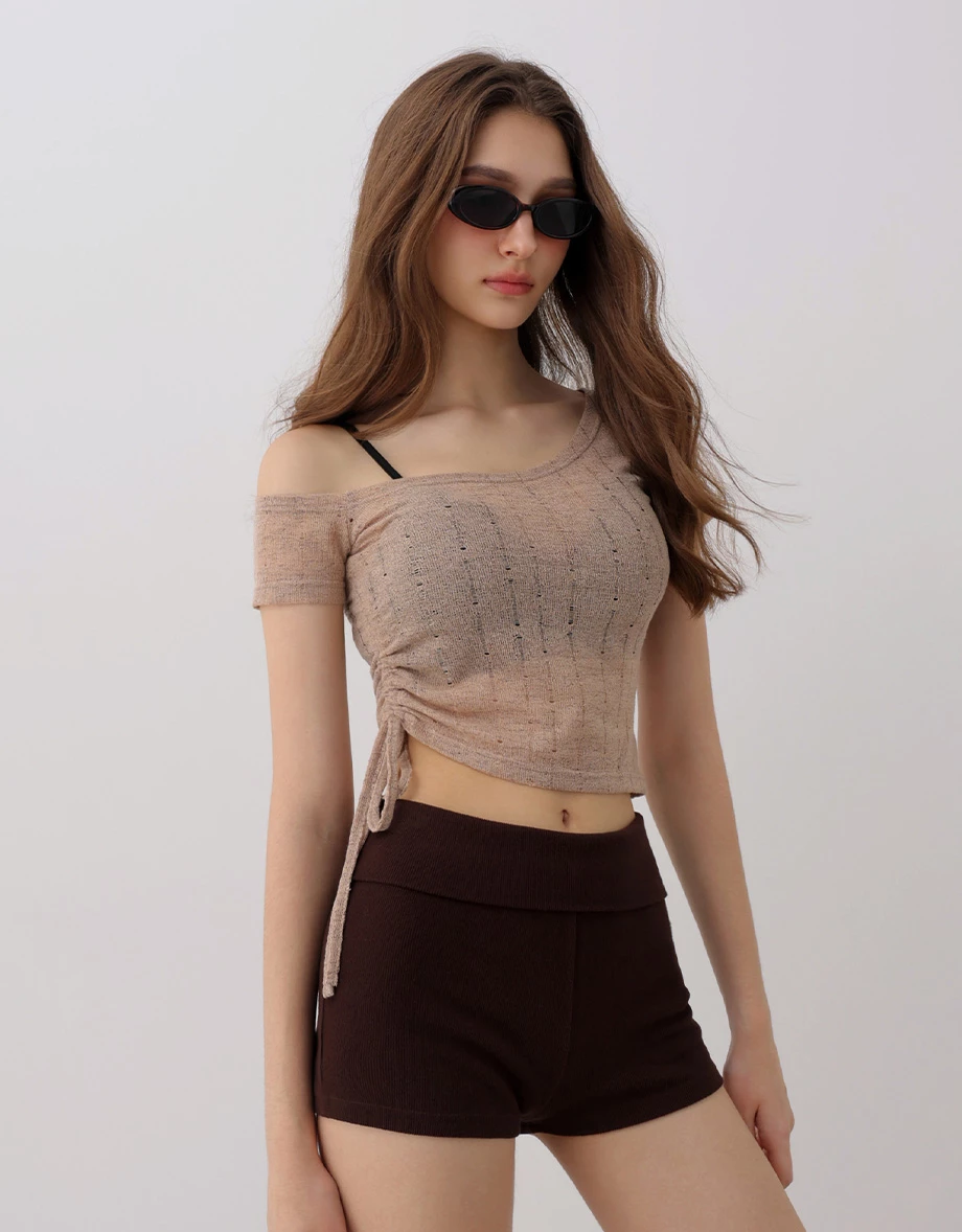 One Shoulder Side Drawstring Ruched Open Knit Crop Top One Shoulder Side Drawstring Ruched Open Knit Crop Top