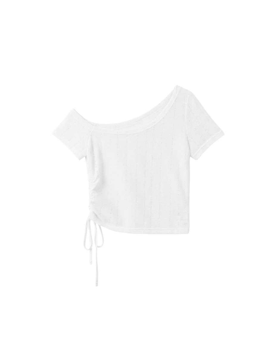 One Shoulder Side Drawstring Ruched Open Knit Crop Top