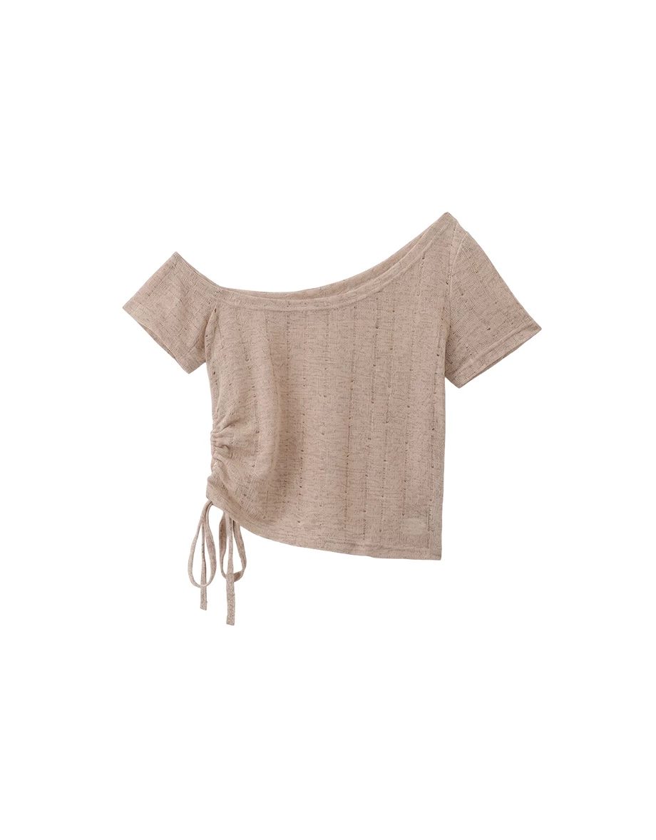 One Shoulder Side Drawstring Ruched Open Knit Crop Top One Shoulder Side Drawstring Ruched Open Knit Crop Top