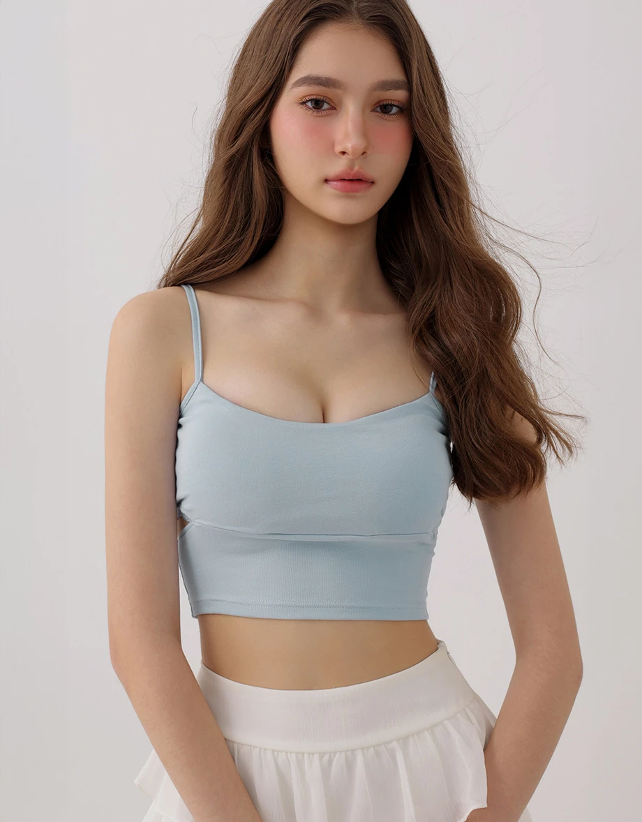 Spaghetti Strap Side Cutout Details Lace Trim Padded Cami Bra Top Spaghetti Strap Side Cutout Details Lace Trim Padded Cami Bra Top