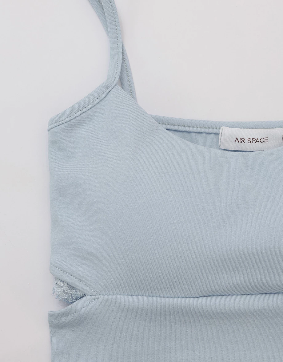 Spaghetti Strap Side Cutout Details Lace Trim Padded Cami Bra Top Spaghetti Strap Side Cutout Details Lace Trim Padded Cami Bra Top