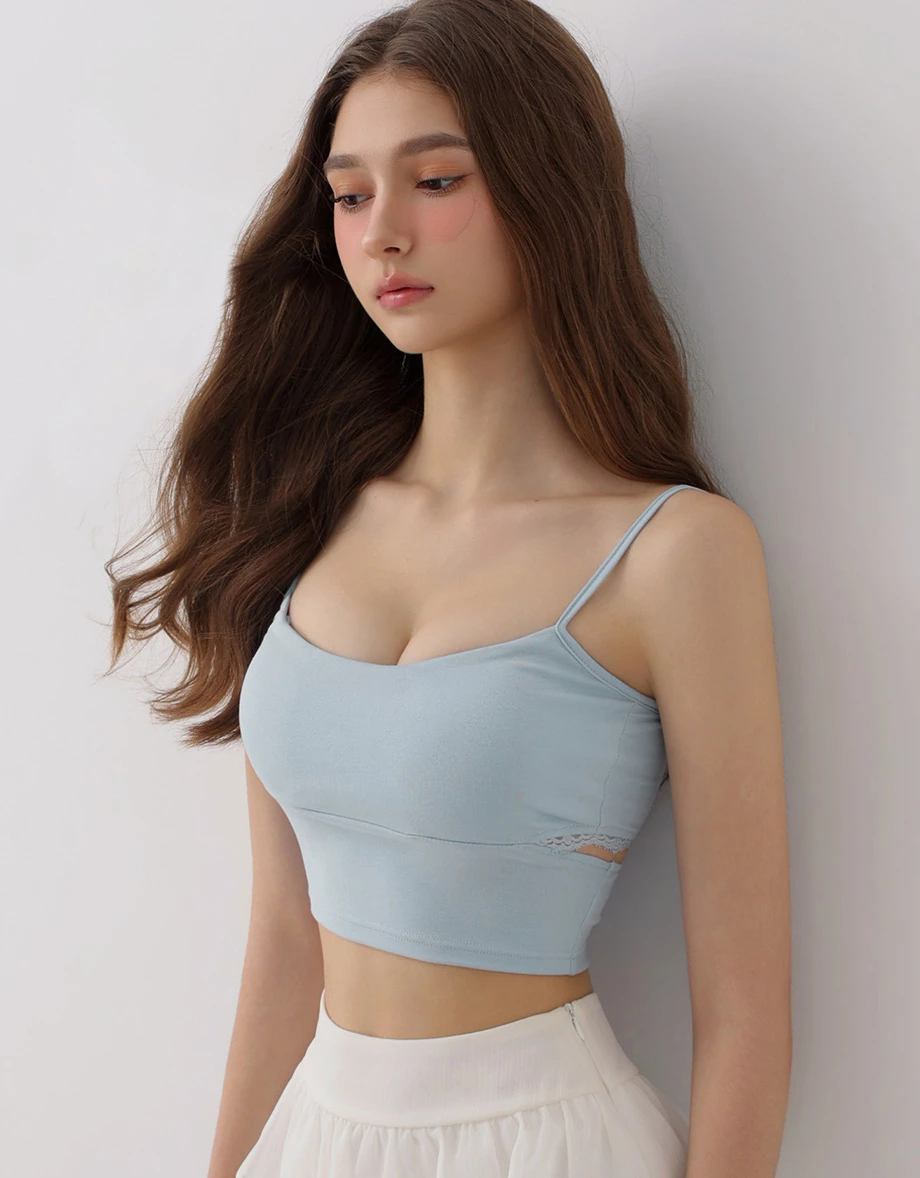 Spaghetti Strap Side Cutout Details Lace Trim Padded Cami Bra Top Spaghetti Strap Side Cutout Details Lace Trim Padded Cami Bra Top