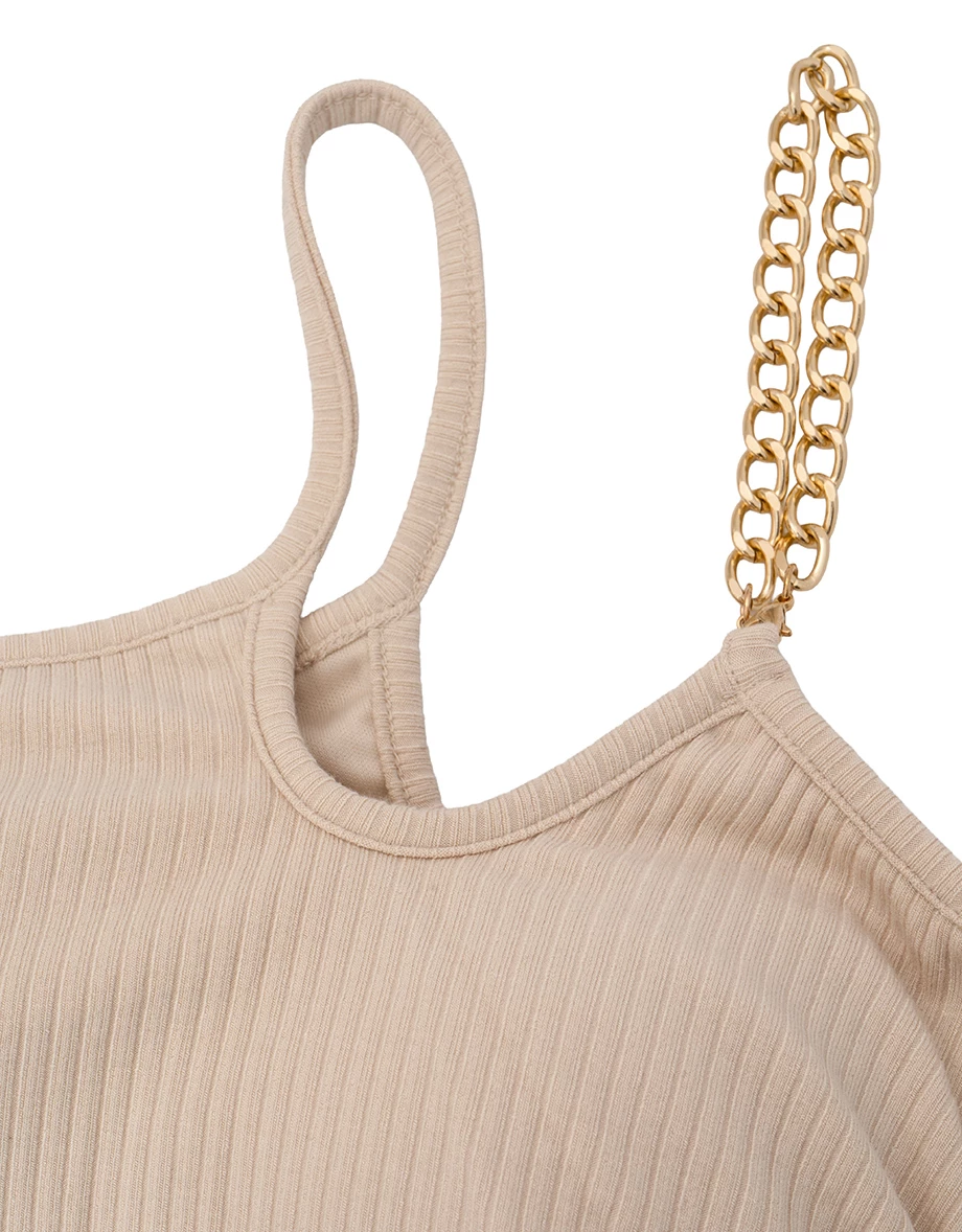 Asymmetric One Shoulder Cut Out Chain Strap Ruched Ribbed Padded Bra Top