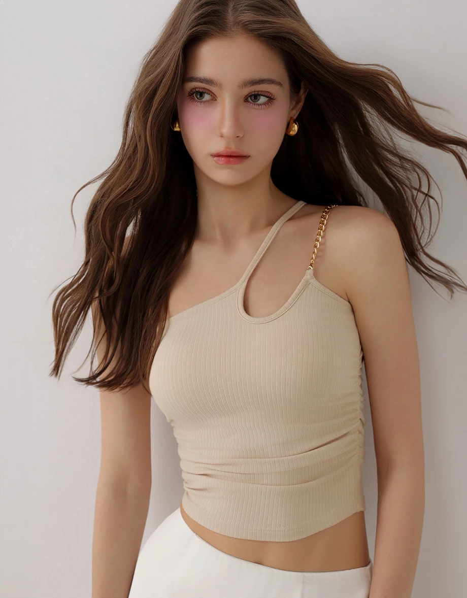 Asymmetric One Shoulder Cut Out Chain Strap Ruched Ribbed Padded Bra Top